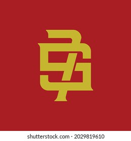 Initial letters S, 7, S7 or 7S overlapping, interlocked monogram logo, yellow color on red background