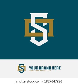 Initial letters S, O, SO or OS overlapping, interlock, monogram logo, white and gold color on green background