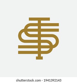 Initial letters S, ST, TS, SST, STS or TSS overlapping, interlock, monogram logo, gold color on white background