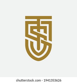 Initial letters S, S, T, ST, TS, SST, STS or TSS overlapping, interlock, monogram logo, gold color on white background