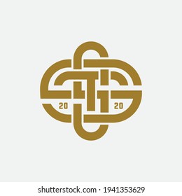 Las letras iniciales S, S, T, ST, TS, SST, STS o TSS se solapan, se entrelazan, tienen el logotipo del monograma, el color dorado sobre el fondo blanco