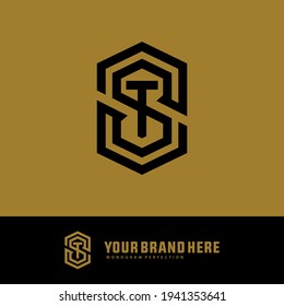 Initial letters S, S, T, ST, TS, SST, STS or TSS overlapping, interlock, monogram logo, black color on gold background
