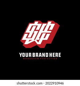 Initial letters S, W, E, SWE, SEW, WES, WSE, ESW or EWS overlapping, interlocked monogram logo, white and red color on black background