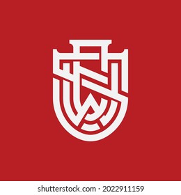 Initial letters S, W, E, SWE, SEW, WES, WSE, ESW or EWS overlapping, interlocked monogram logo, white color on red background