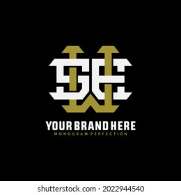 Initial letters S, W, E, SWE, SEW, WES, WSE, ESW or EWS overlapping, interlocked monogram logo, white and gold color on black background