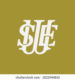 Initial letters S, W, E, SWE, SEW, WES, WSE, ESW or EWS overlapping, interlocked monogram logo, white color on gold background