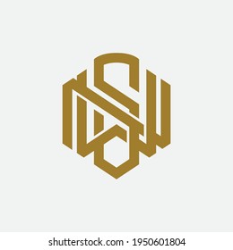 Initial letters S, W, N, SWN, SNW, WNS, WSN, NSW or NWS overlapping, interlock, monogram logo, gold color on white background