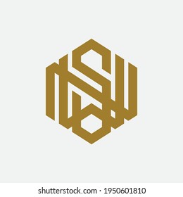 Initial letters S, W, N, SWN, SNW, WNS, WSN, NSW or NWS overlapping, interlock, monogram logo, gold color on white background