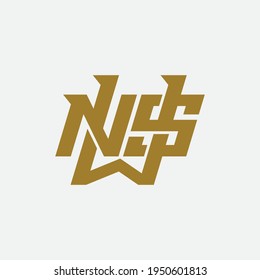 Initial letters S, W, N, SWN, SNW, WNS, WSN, NSW or NWS overlapping, interlock, monogram logo, gold color on white background