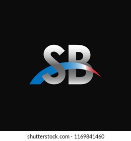 Initial letters SB overlapping movement swoosh logo, metal silver blue red color on black background