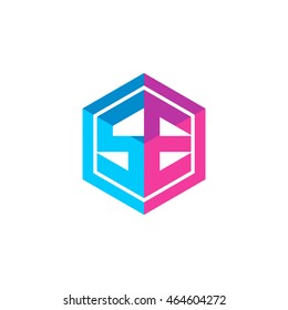 Initial letters SE hexagon box shape logo blue pink purple