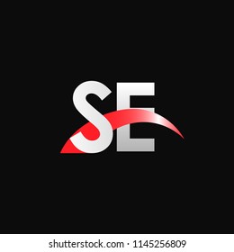 Initial letters SE overlapping movement swoosh logo, metal silver red color on black blackground