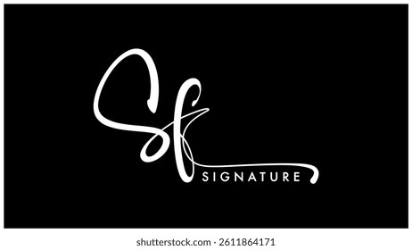 Initial letters SF S F beauty signature logo, Brush typography. bold cursive letters S F, White color. Isolated on black background.
