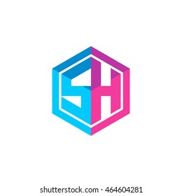 Initial letters SH hexagon box shape logo blue pink purple