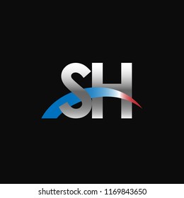 Initial letters SH overlapping movement swoosh logo, metal silver blue red color on black background