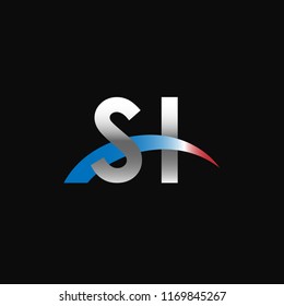 Initial letters SI overlapping movement swoosh logo, metal silver blue red color on black background