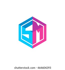 Initial letters SM hexagon box shape logo blue pink purple