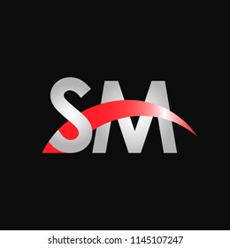 Initial letters SM overlapping movement swoosh logo, metal silver red color on black blackground