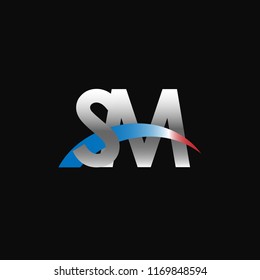 Initial letters SM overlapping movement swoosh logo, metal silver blue red color on black background