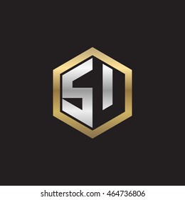 Initial letters SU negative space hexagon shape logo silver gold