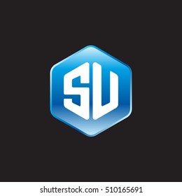 Initial letters SU rounded hexagon shape blue modern logo