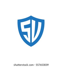 Initial letters SU, SV, shield shape blue simple logo