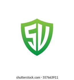 Initial letters SU, SV, shield shape green simple logo