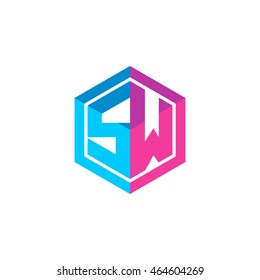 Initial letters SW hexagon box shape logo blue pink purple