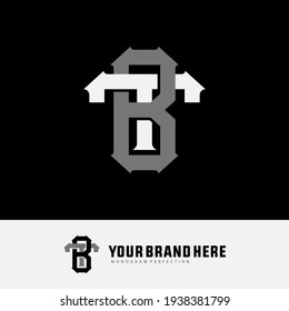 Letras iniciales T, B, TB o BT superpuestas, enclavamiento, logotipo de monograma, color blanco y gris sobre fondo negro