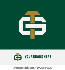 Überlappende Anfangsbuchstaben T, G, TG oder GT, Verriegelung, Monogramm-Logo, weiß-goldene Farbe auf grünem Hintergrund
