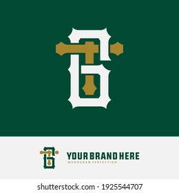 Überlappende Anfangsbuchstaben T, G, TG oder GT, Verriegelung, Monogramm-Logo, weiß-goldene Farbe auf grünem Hintergrund
