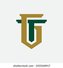 Letras iniciales T, G, TG o GT solapadas, interbloqueadas, logotipo de monograma, color verde y dorado sobre fondo blanco