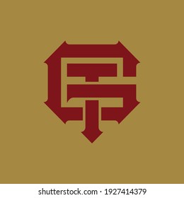Initial letters T, G, TG or GT overlapping, interlock, monogram logo, red color on gold background