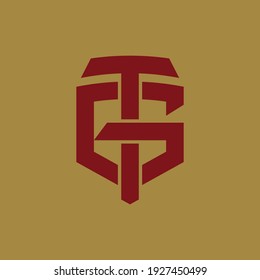 Initial letters T, G, TG or GT overlapping, interlock, monogram logo, red color on gold background
