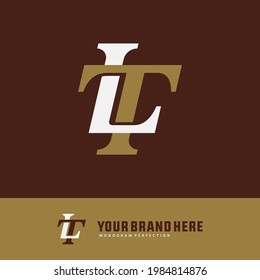 Letras iniciales T, L, TL o LT solapadas, logotipo de monograma interbloqueado, color blanco y dorado sobre fondo marrón