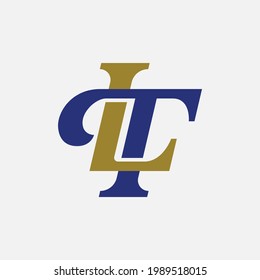 Überschneidung der Anfangsbuchstaben T, L, TL oder LT, verflochtenes Monogramm-Logo, Blau- und Goldfarbe auf weißem Hintergrund