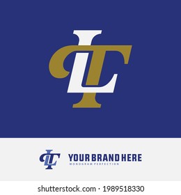 Initial letters T, L, TL or LT overlapping, interlocked monogram logo, white and gold color on blue background