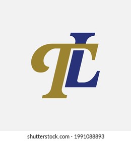 Letras iniciales T, L, TL o LT solapadas, logotipo de monograma interbloqueado, color azul y dorado sobre fondo blanco