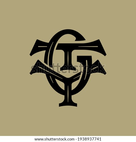 Initial letters T, Y, G, TYG, TGY, YGT, YTG, GTY or GYT overlapping, interlock, monogram logo, black color on cream background