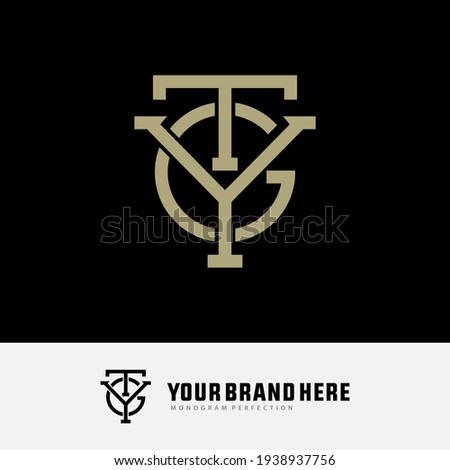 Initial letters T, Y, G, TYG, TGY, YGT, YTG, GTY or GYT overlapping, interlock, monogram logo, cream color on black background