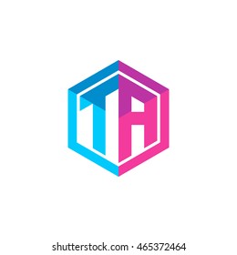 Initial letters TA hexagon box shape logo blue pink purple 