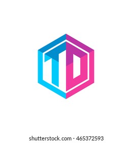 Initial letters TD, TO, hexagon box shape logo blue pink purple 