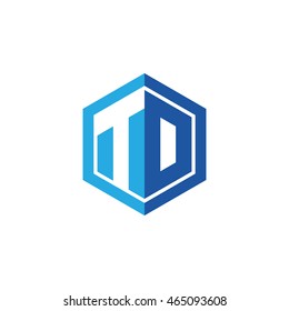 Initial letters TD, TO, negative space hexagon shape logo blue