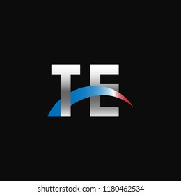 Initial letters TE overlapping movement swoosh logo, metal silver blue red color on black background