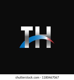 Initial letters TH overlapping movement swoosh logo, metal silver blue red color on black background