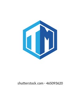 Initial letters TM negative space hexagon shape logo blue