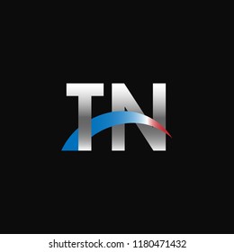 Initial letters TN overlapping movement swoosh logo, metal silver blue red color on black background
