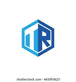 Initial letters TR negative space hexagon shape logo blue