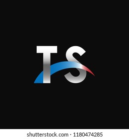 Initial letters TS overlapping movement swoosh logo, metal silver blue red color on black background