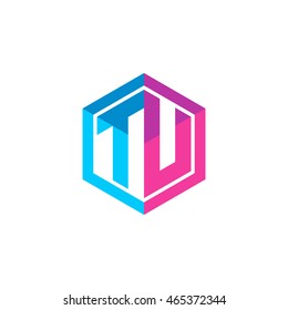 Initial letters TU hexagon box shape logo blue pink purple 